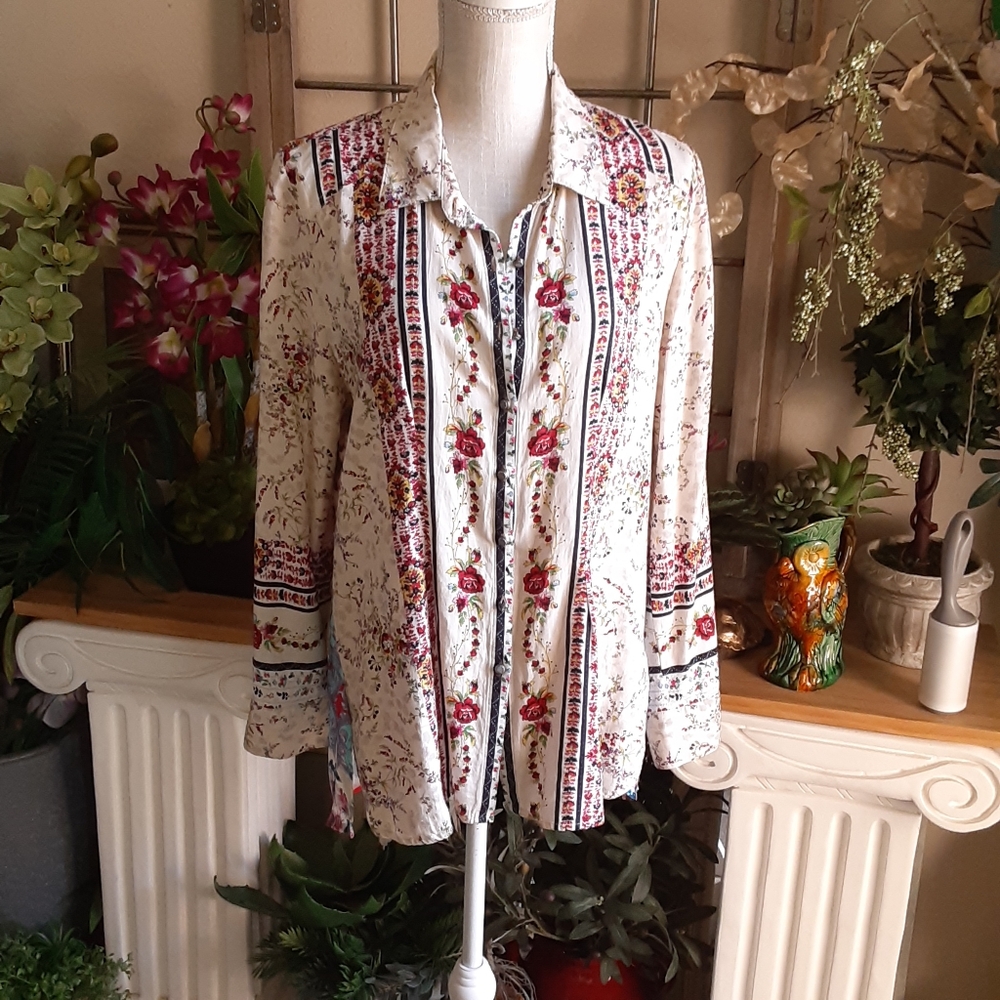 CYRENA Rayon Linen Blend Floral Fan Pleated Back ANTHROPOLOGIE Size Medium